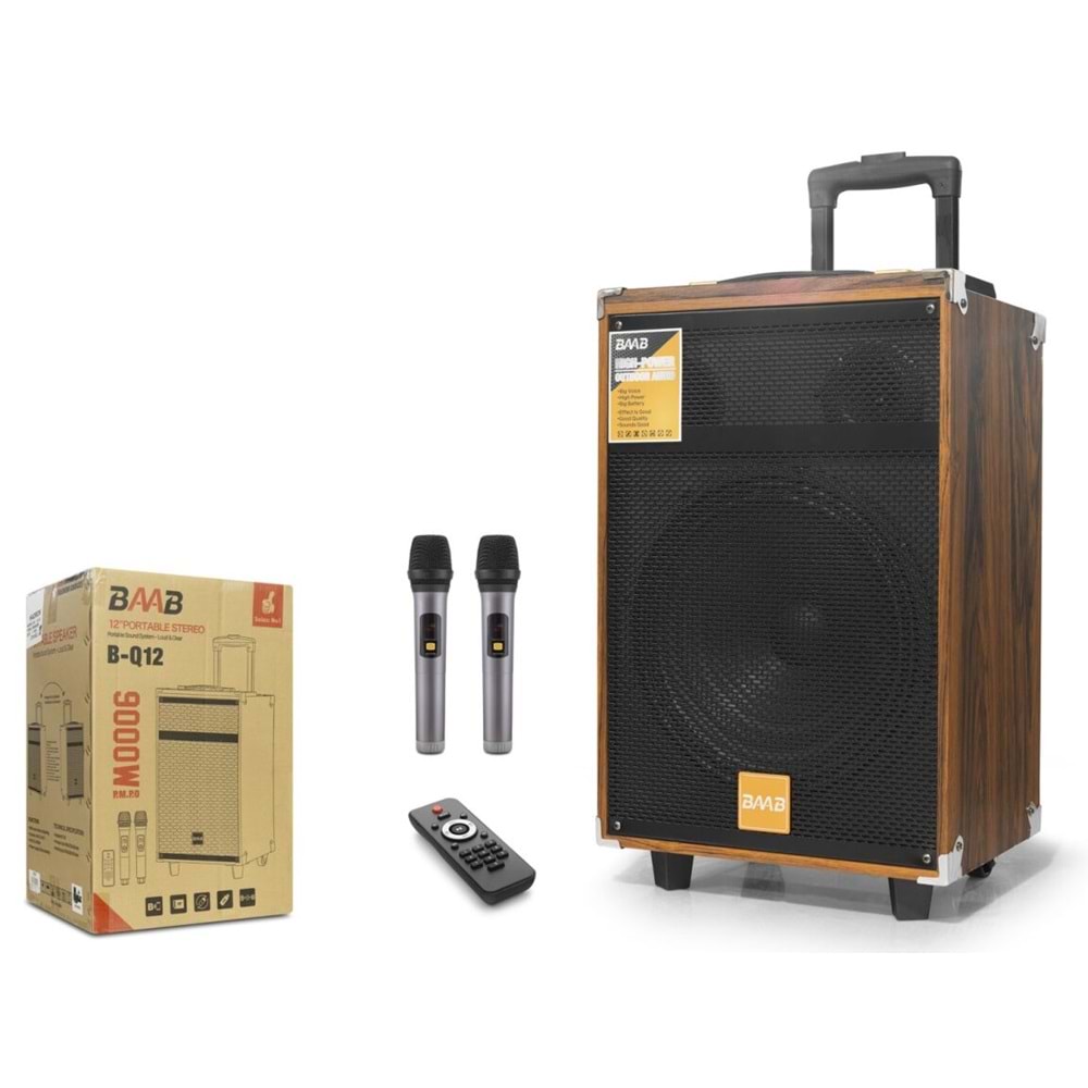 BAAB BQ12 Çift Karaoke Mikrofonlu Bluetooth Hoparlör FM Radyo 40W 12 İnç Kumandalı Ahşap