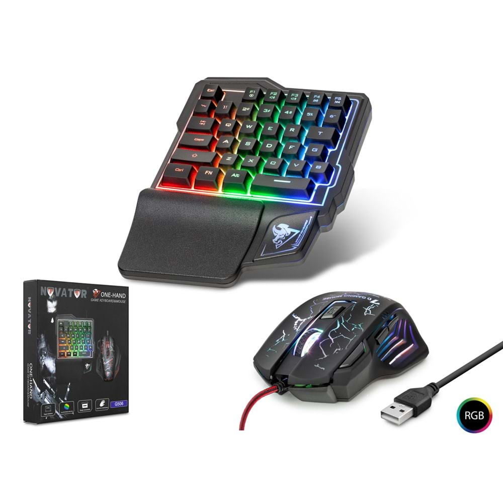 NOVATOR G506 Tek El Oyun Klavye Mouse Seti 1800 DPI RGB Siyah