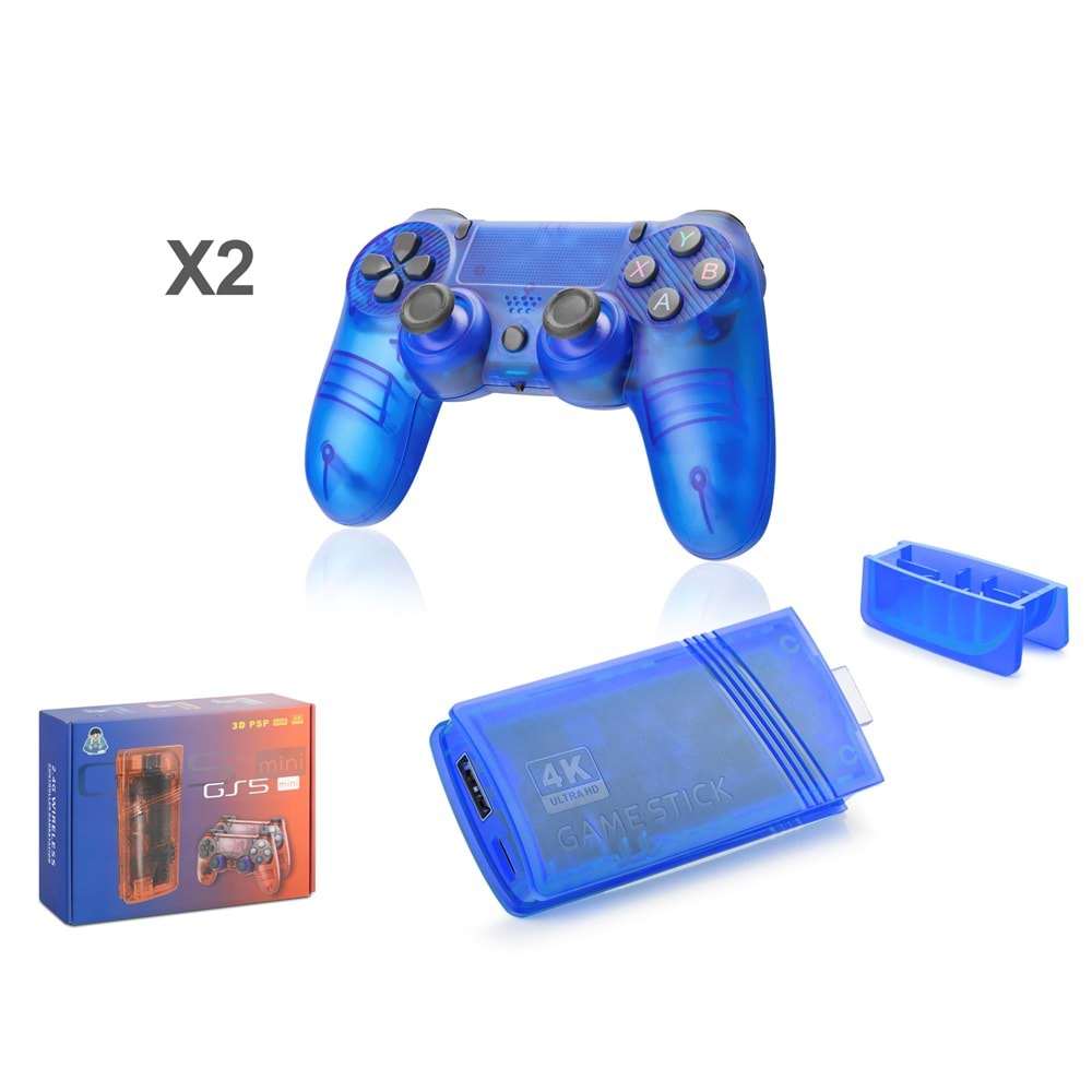 HADRON GS7B MINI Retro Oyun Stick HDMI Çift GamePad Seti 64 GB Hafıza Kartlı 2.4G Kablosuz Mavi