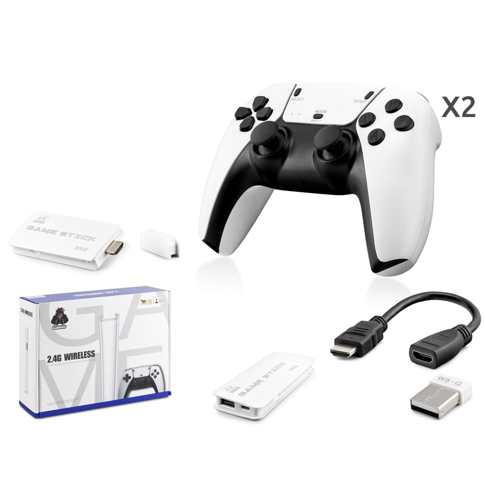 HADRON HD330 Retro Oyun Stick HDMI Çift GamePad Seti 64 GB Hafıza Kartlı 2.4G Kablosuz Beyaz