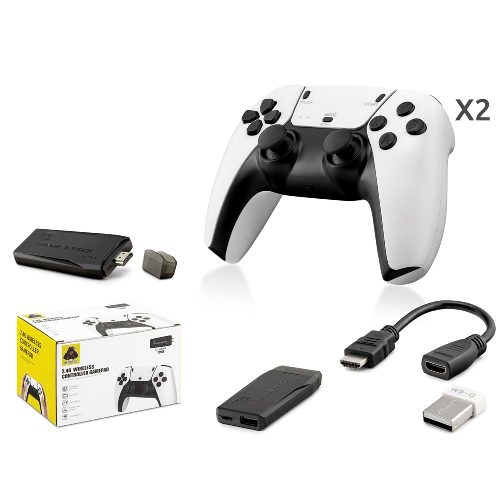 HADRON HD331 Retro Oyun Stick HDMI Çift GamePad Seti 64 GB Hafıza Kartlı 2.4G Kablosuz Beyaz