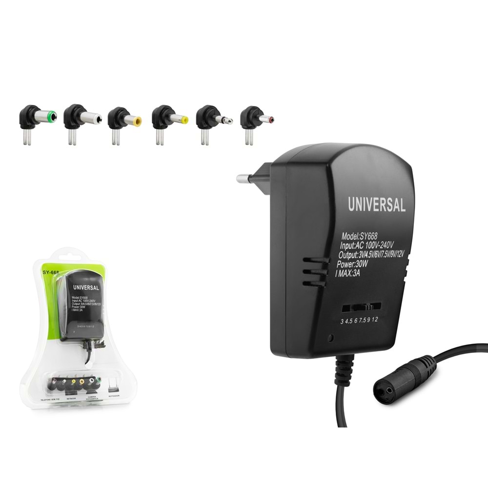 HADRON HD8866 Universal Tablet Modem Adaptörü 30W 3A 3-12V 6 Uçlu Siyah