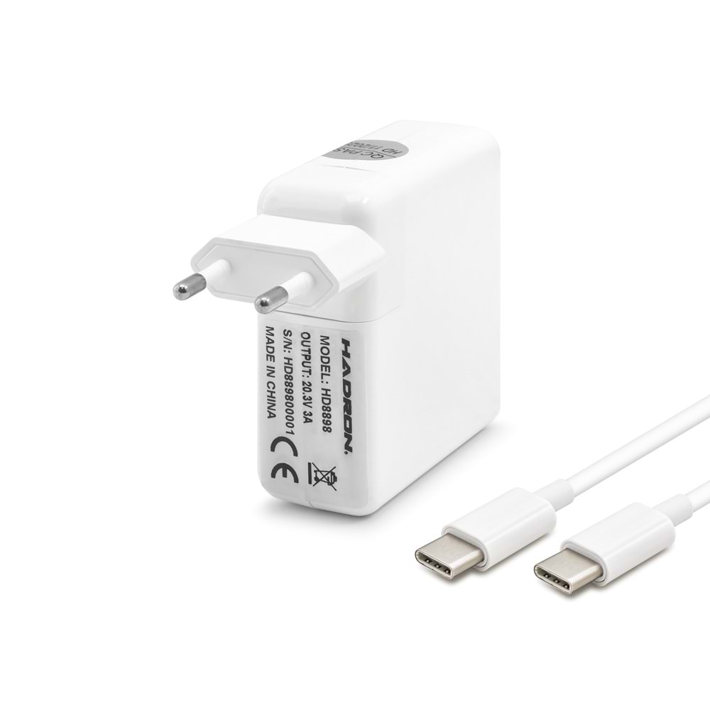 HADRON HD8898 Laptop Adaptörü 60W 20.3V 3A Type-C MacBook Lenovo Dell HP Asus Beyaz