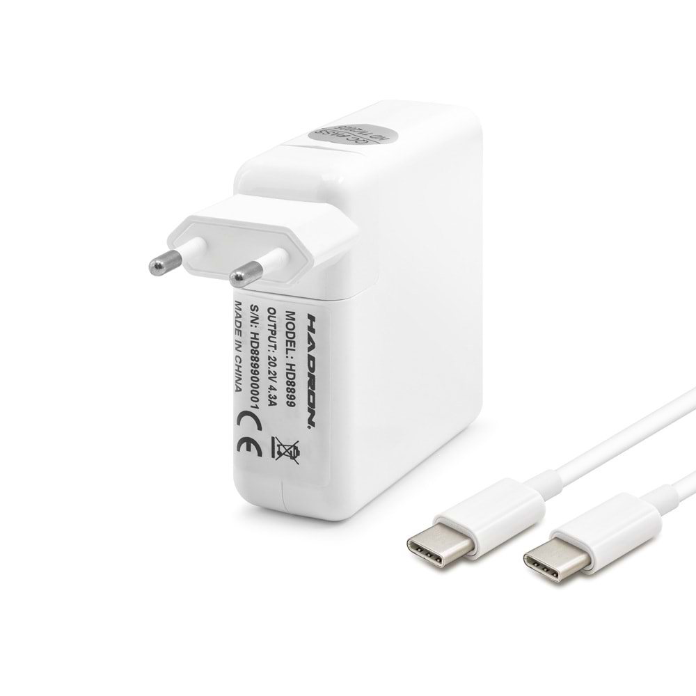 HADRON HD8899 Laptop Adaptörü 85W 20.2V 4.3A Type-C MacBook Lenovo Dell HP Asus Beyaz