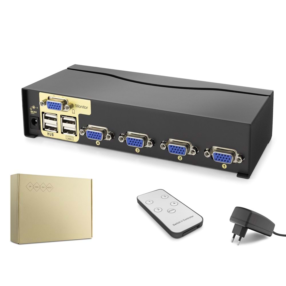 HADRON HDX1381 VGA KVM Switch 2 USB Hub 2 Console Kumandalı 4 VGA Port Siyah