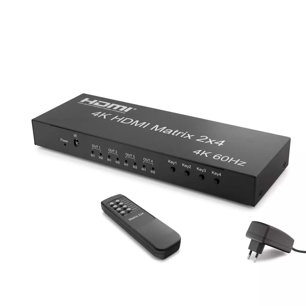 HADRON HDX1388 HDMI Matrix Switch Ses Çıkışlı Kumandalı 4K 60 Hz 2 Giriş 4 Çıkış Siyah