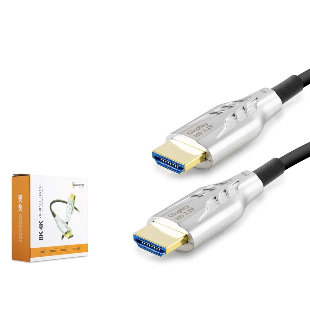 HADRON HDX2048 Fiber Optik HDMI 2.1 Kablo 8K 60 Hz OD 8.0 mm 15 m Siyah Gri