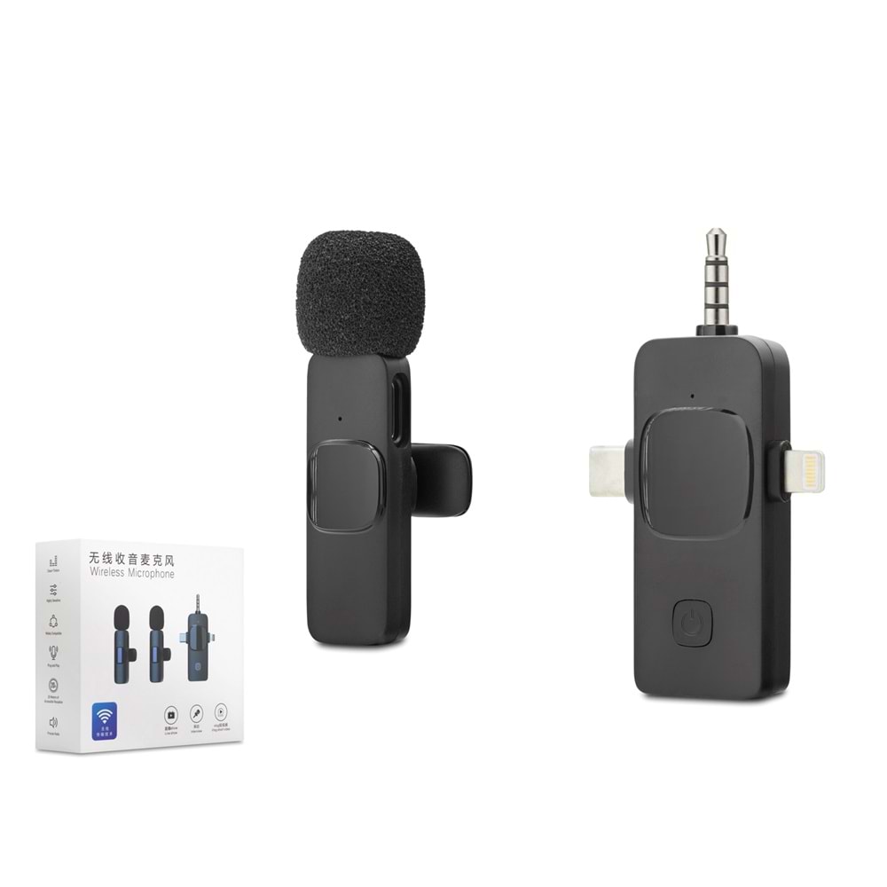 HADRON HDX2781 Kablosuz Yaka Mikrofonu Type-C Lightning 3.5 mm Siyah