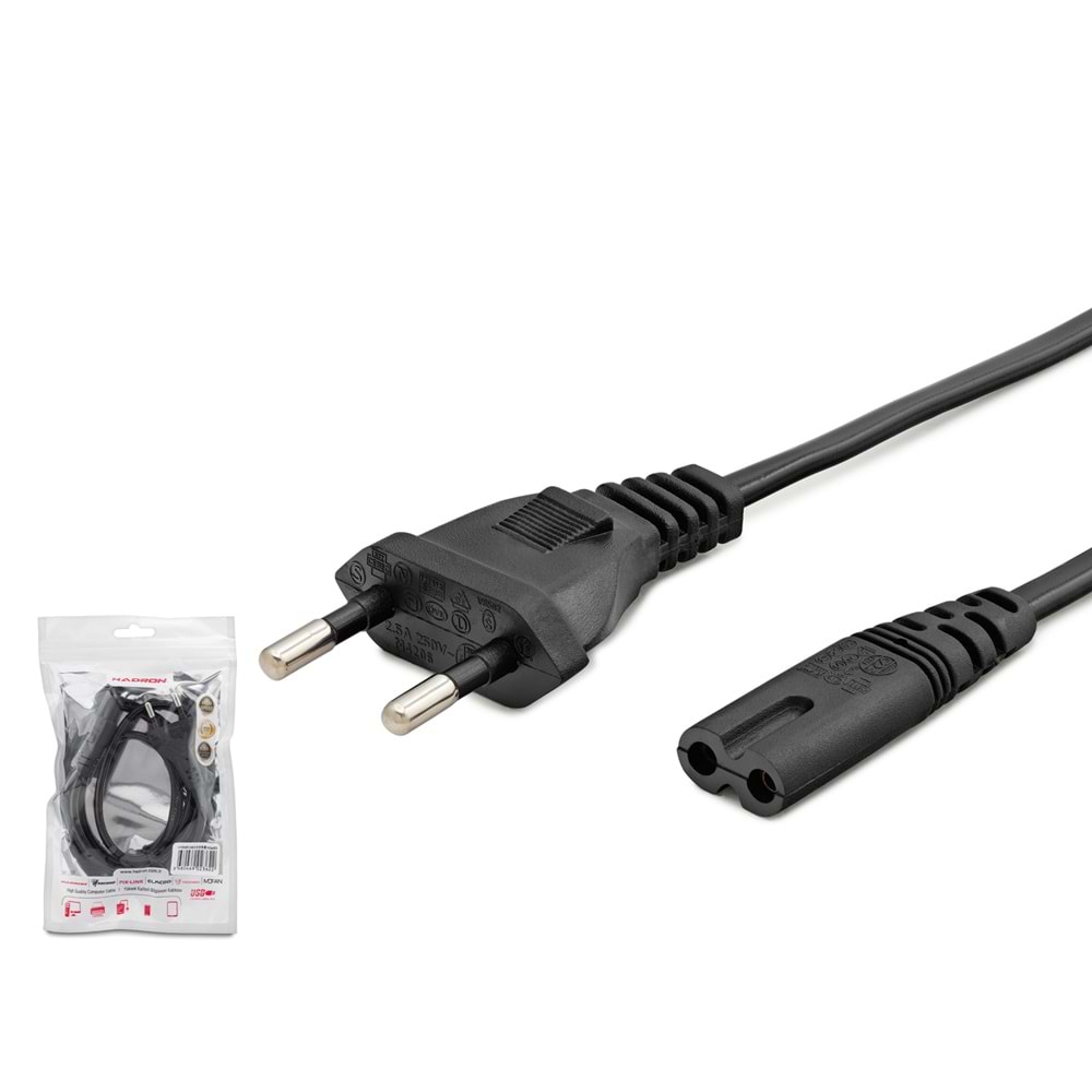 HADRON HDX5534 Teyp Güç Kablosu 2 Pin 1 mm 500W C7 Figure 8 1 m Siyah