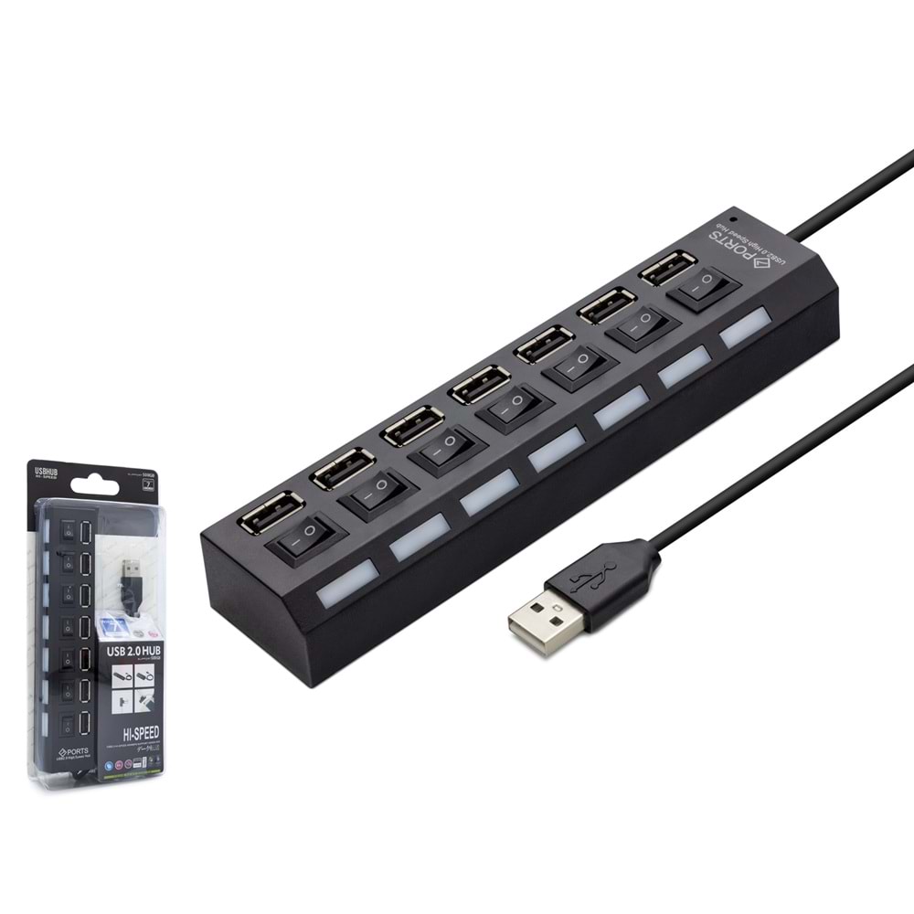 HADRON HDX7001 USB Anahtarlı Hub 7 Port 480 Mbps Siyah