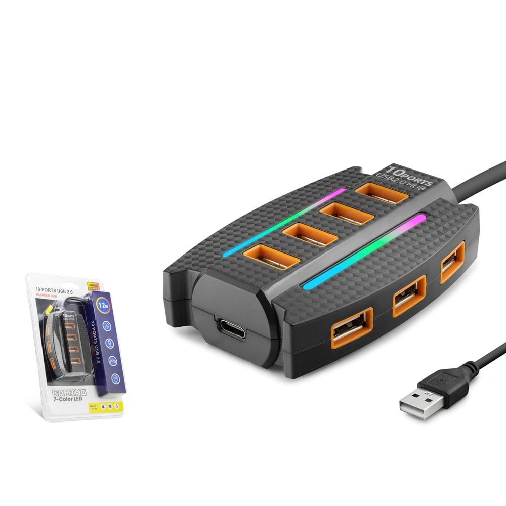 HADRON HDX7036 USB Gaming RGB Hub 10 Port 480 Mbps 1.2 m Siyah