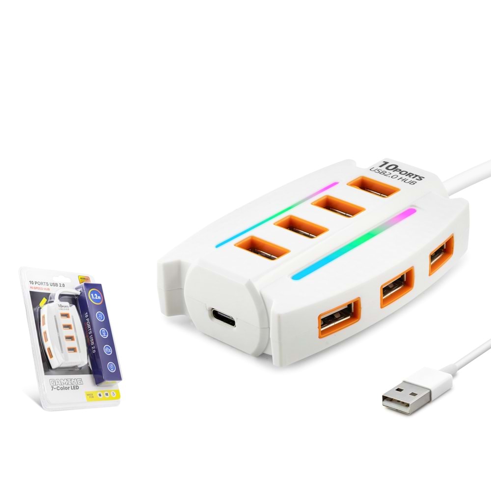 HADRON HDX7037 USB Gaming RGB Hub 10 Port 480 Mbps 1.2 m Beyaz