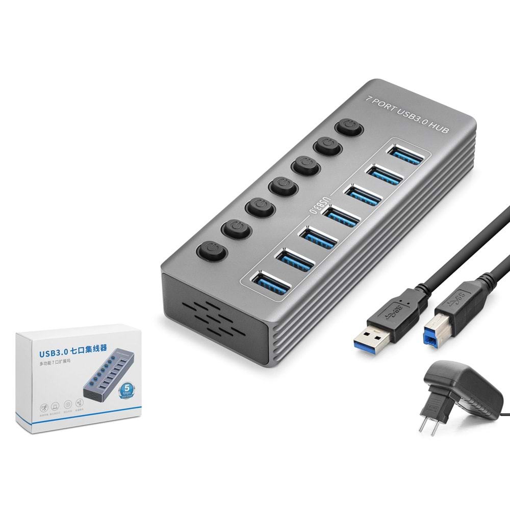 HADRON HDX7047 USB 3.0 Anahtarlı Güç Adaptörlü Hub 7 Port 5 Gbps Gri