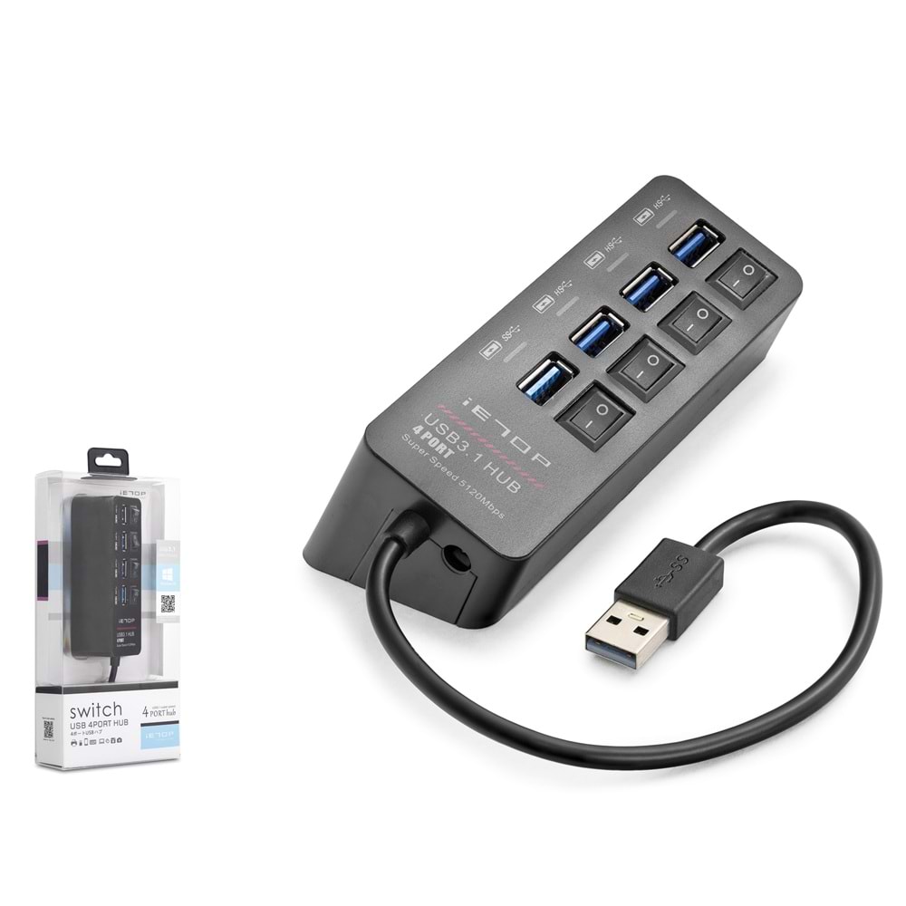 iETOP HDX7056 USB 3.1 Gen1 Anahtarlı Hub 4 Port 5 Gbps Siyah