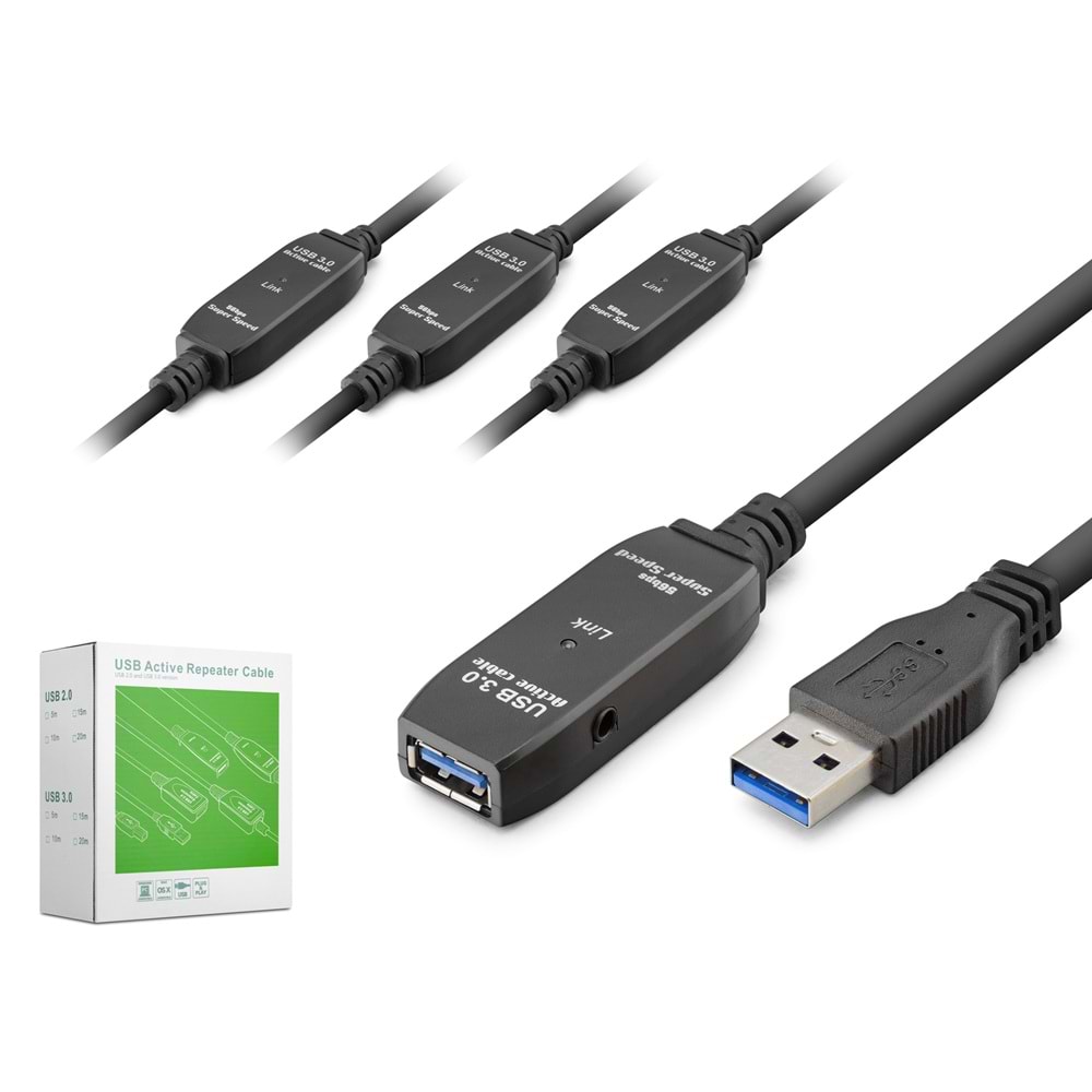 HADRON HDX7566 USB 3.0 Active Repeater Uzatma Kablosu 30 m Siyah