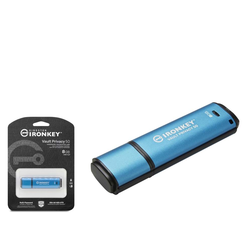 KINGSTON IKVP50C 8 GB USB Type-C 3.2 Gen 1 IronKey Vault Privacy 50C Flash Bellek Mavi