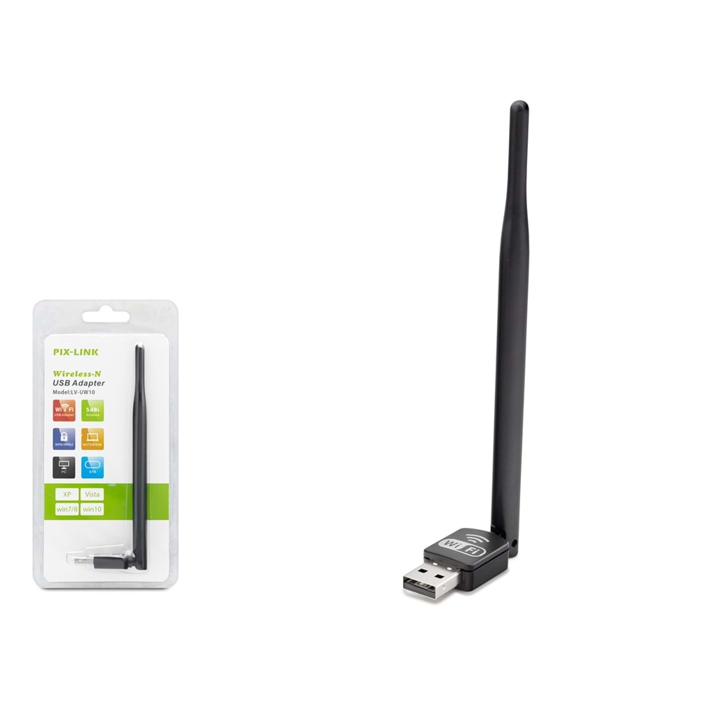PIXLINK UW10T USB WiFi Adaptörü 150 Mbps 2.4 GHz 8818 Chipset Siyah