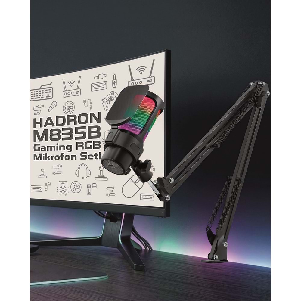 HADRON M835B Gaming RGB Mikrofon Seti Boom Mikrofon Kolu Type-C 192kHz 24Bit Siyah