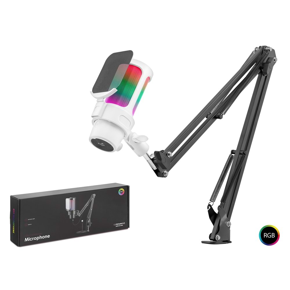 HADRON M835W Gaming RGB Mikrofon Seti Boom Mikrofon Kolu Type-C 192kHz 24Bit Beyaz
