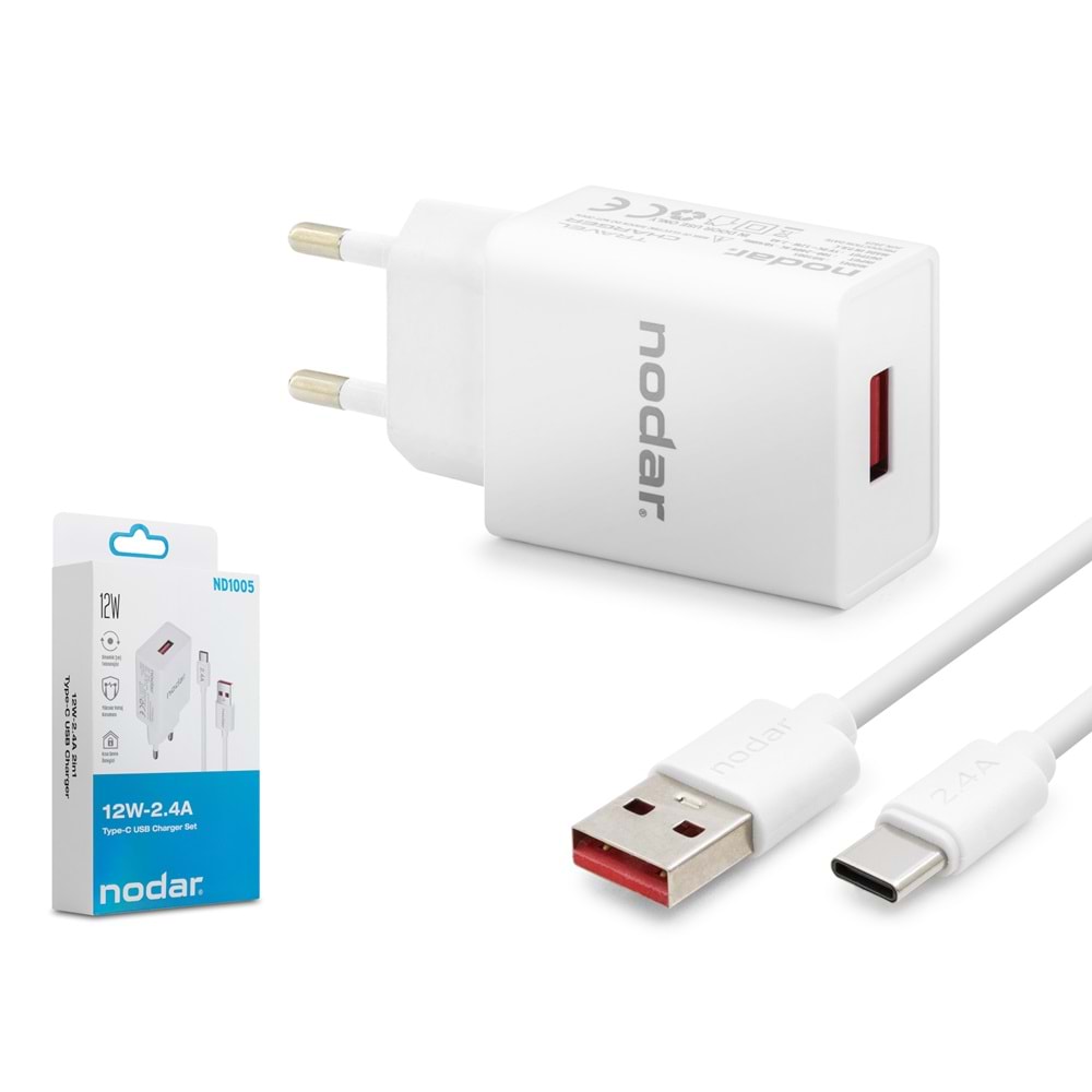 NODAR ND1005 Type-C Hızlı Şarj Seti 12W 2.4A USB Adaptörlü 1 m PVC Kablolu Beyaz