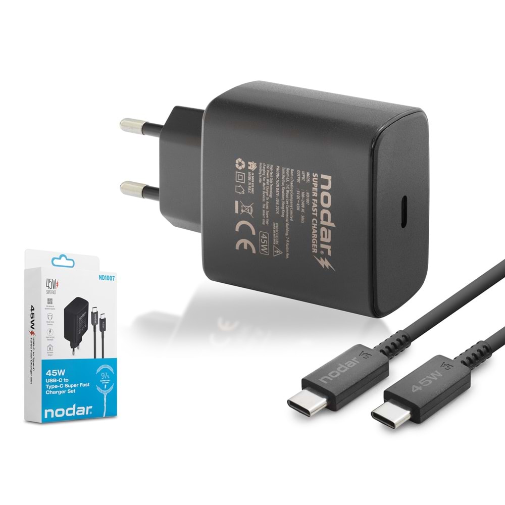 NODAR ND1007 Type-C PD Hızlı Şarj Seti 45W Type-C Adaptörlü 1 m PVC Kablolu Siyah
