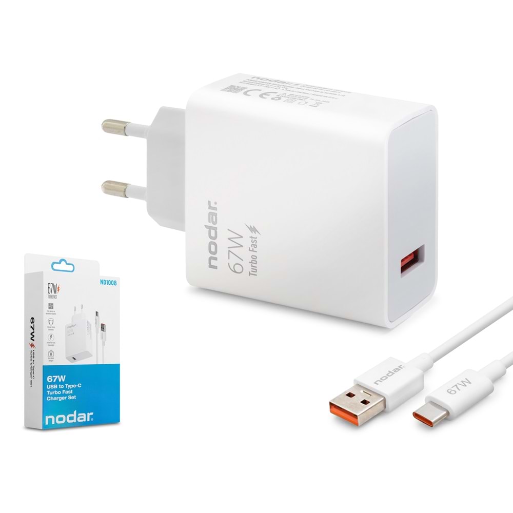 NODAR ND1008 Type-C Hızlı Şarj Seti 67W USB Adaptörlü 95 cm PVC Kablolu Beyaz