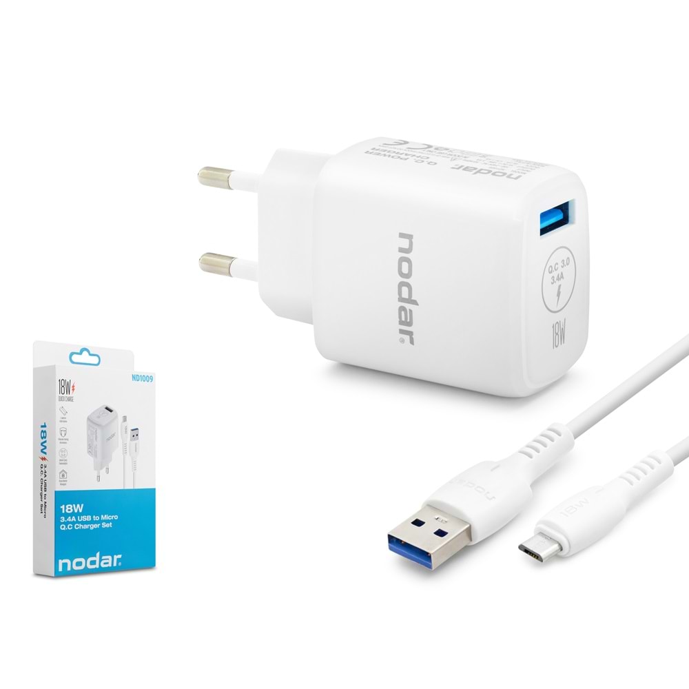 NODAR ND1009 Micro USB QC 3.0 Hızlı Şarj Seti 18W 3.4A USB Adaptörlü 1 m PVC Kablolu Beyaz