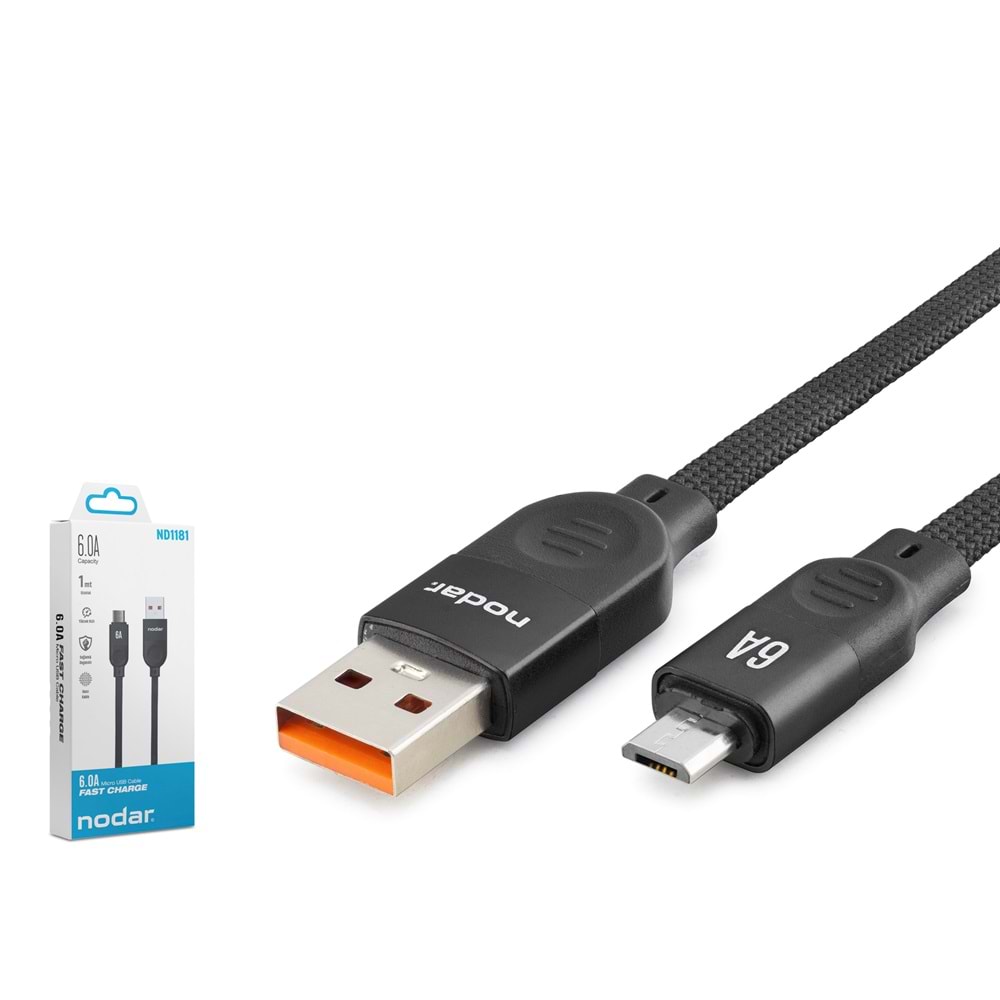NODAR ND1181 Micro USB Şarj ve Data Kablosu 6A 1 m Örgülü Siyah