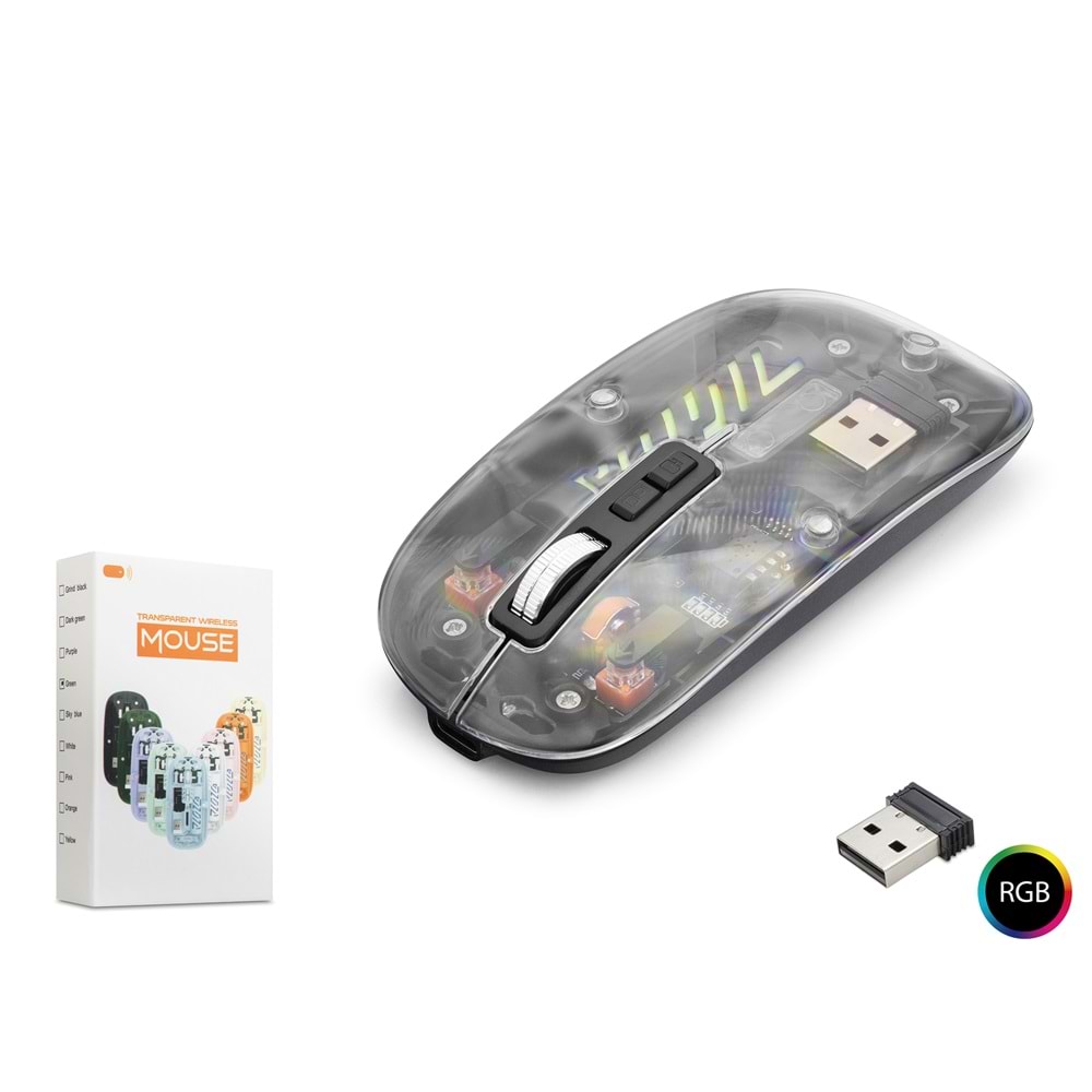 NODAR ND1201B Dual Mode Kablosuz Şeffaf Mouse 2.4 GHz Bluetooth 5.2 1600 DPI RGB Siyah