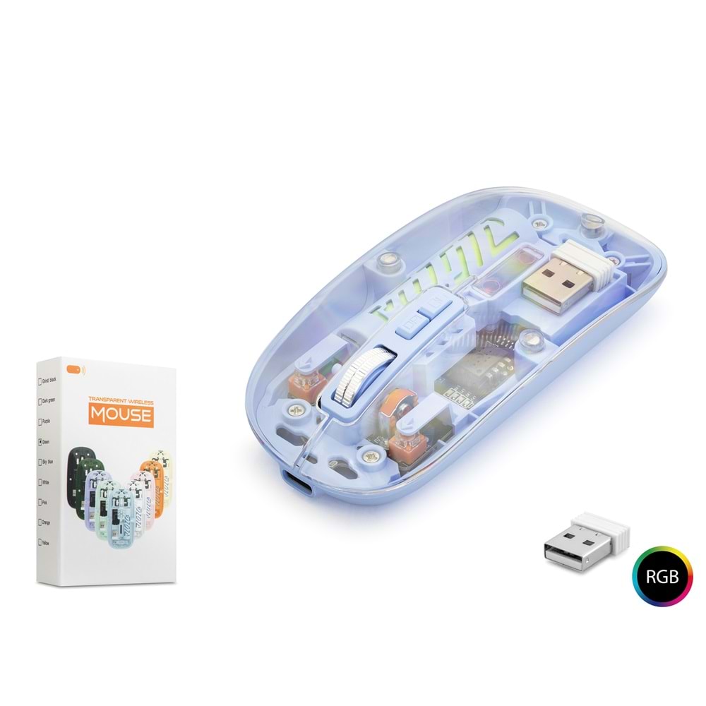 NODAR ND1201M Dual Mode Kablosuz Şeffaf Mouse 2.4 GHz Bluetooth 5.2 1600 DPI RGB Lila