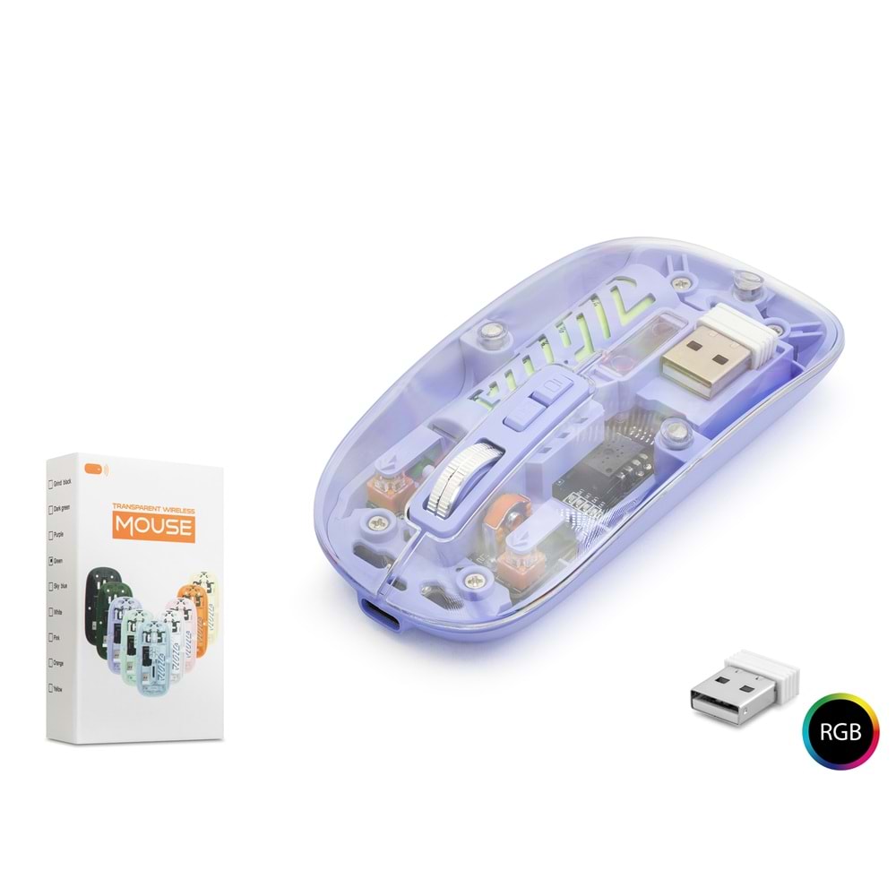 NODAR ND1201P Dual Mode Kablosuz Şeffaf Mouse 2.4 GHz Bluetooth 5.2 1600 DPI RGB Mor