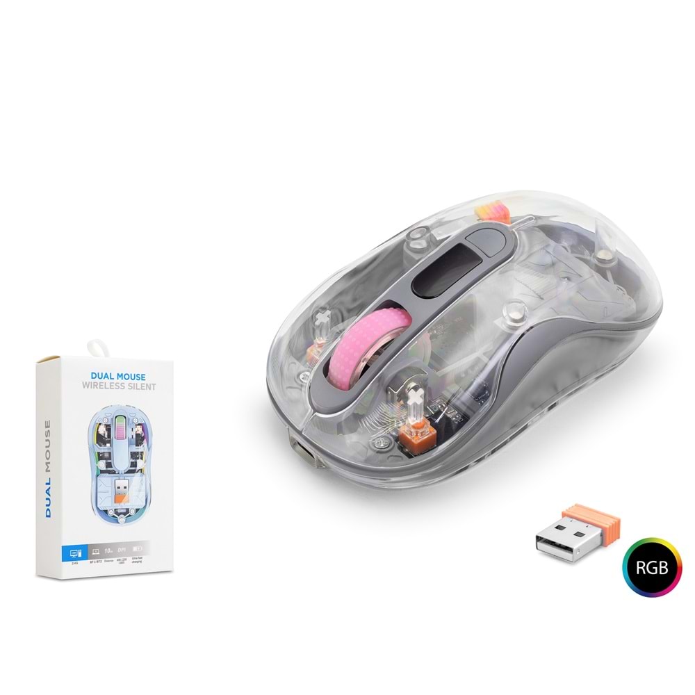 NODAR ND1205GR Dual Mode Kablosuz Şeffaf Mouse 2.4 GHz Bluetooth 5.2 1600 DPI RGB Gri