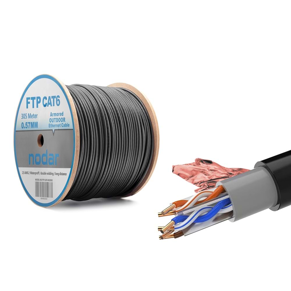 NODAR ND2002 Cat6 FTP Dış Mekan Ethernet Kablosu 23 AWG 0.57 mm CCA 305 m Siyah