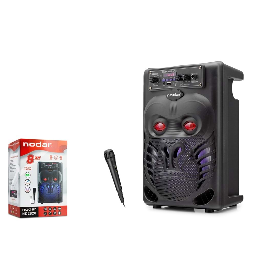 NODAR ND2820 Karaoke Mikrofonlu Bluetooth Hoparlör FM Radyo 8 İnç RGB Siyah