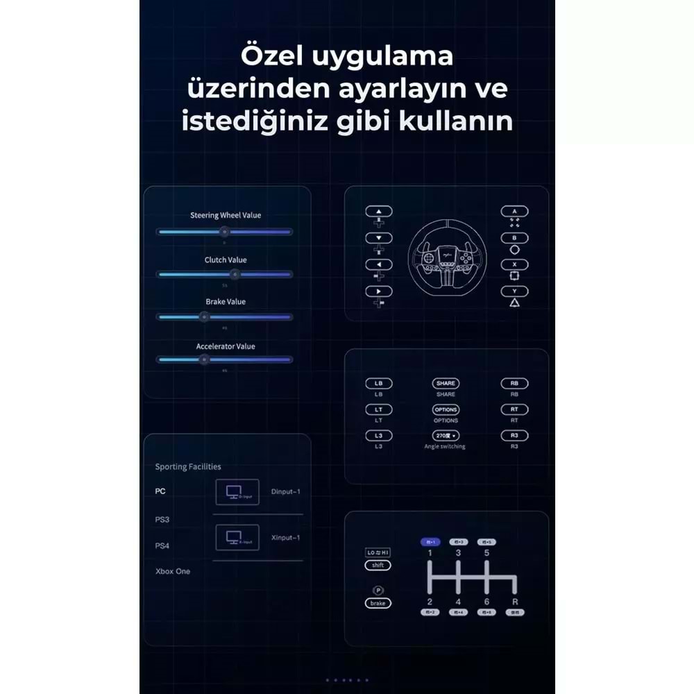 NODAR ND702 PXN V9 GEN2 Oyuncu Direksiyon Seti 900° 3 Pedallı PS4 PS3 PC Xbox Switch Uyumlu Siyah