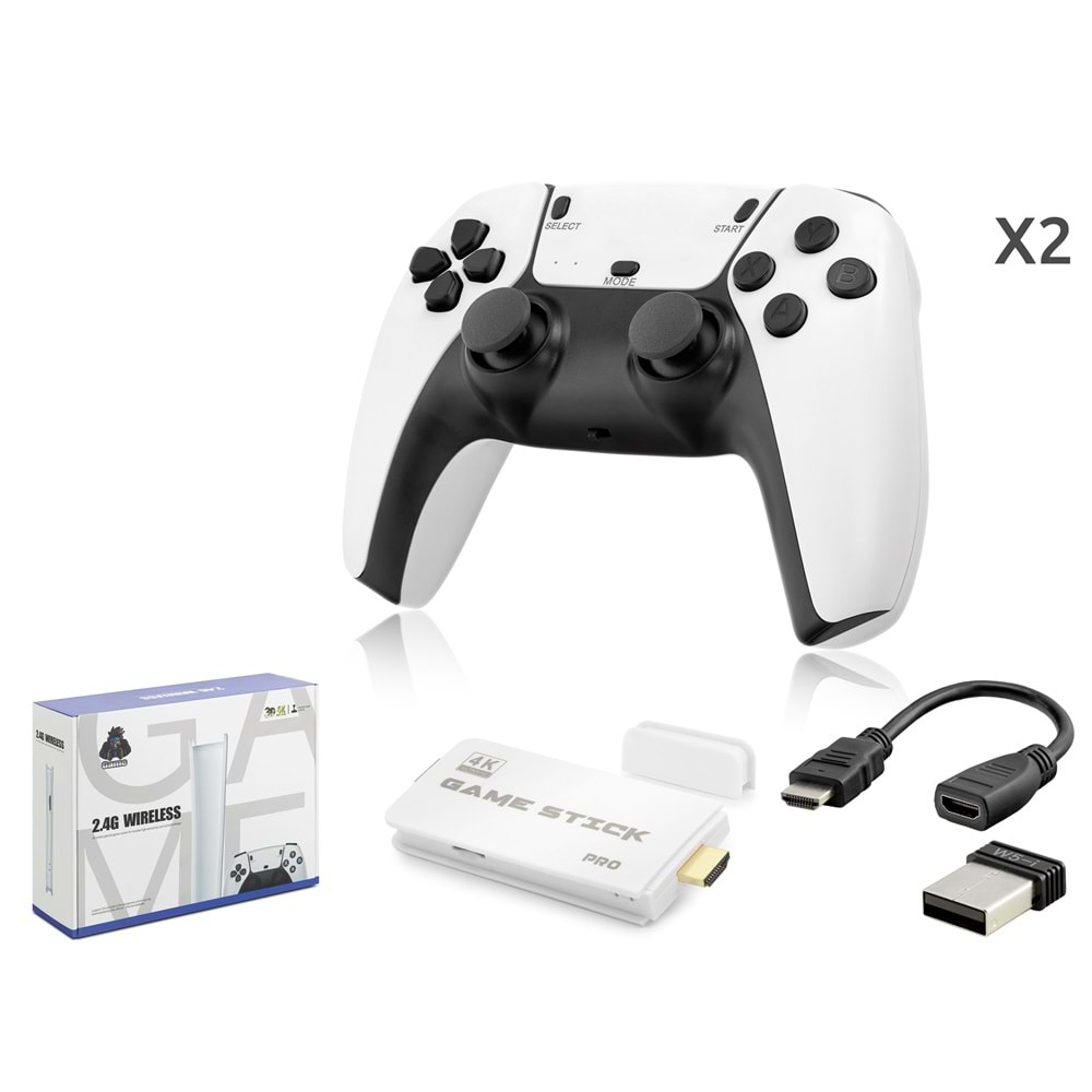 NODAR ND764 Retro Oyun Stick HDMI Çift GamePad Seti 64 GB Kart Destekli 2.4G Kablosuz Beyaz
