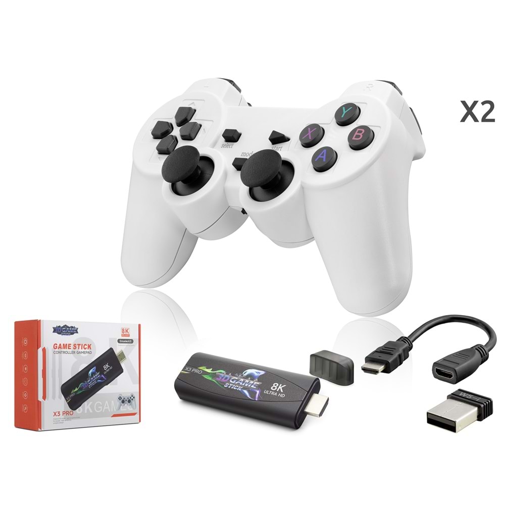 NODAR ND767 Retro Oyun Stick HDMI Çift GamePad Seti 64 GB Kart Destekli 2.4G Kablosuz Beyaz