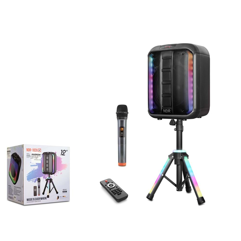 NDR NDR102A Karaoke Mikrofonlu Bluetooth Hoparlör FM Radyo 12 İnç RGB Tripodlu Kumandalı Siyah