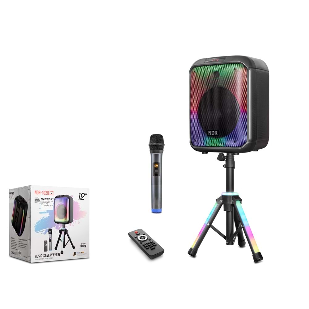 NDR NDR102B Karaoke Mikrofonlu Bluetooth Hoparlör FM Radyo 12 İnç RGB Tripodlu Kumandalı Siyah