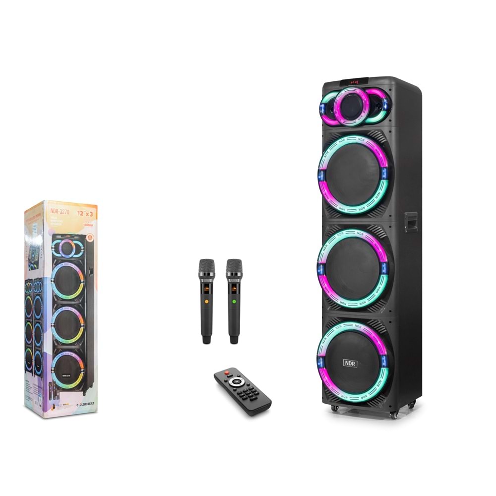 NDR NDR3270 Çift Karaoke Mikrofonlu Bluetooth Hoparlör FM Radyo 3x12 İnç RGB Kumandalı Siyah