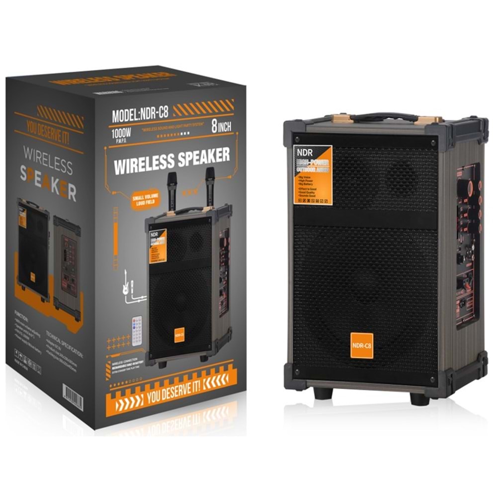 NDR NDRC08 Çift Karaoke Mikrofonlu Bluetooth Hoparlör FM Radyo 40W 8 İnç Kumandalı Siyah