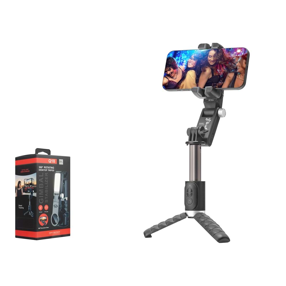 HADRON Q18 Tek Eksenli Gimbal Selfie Çubuğu AI Takipli Işıklı Bluetooth Tripod 70 cm Siyah