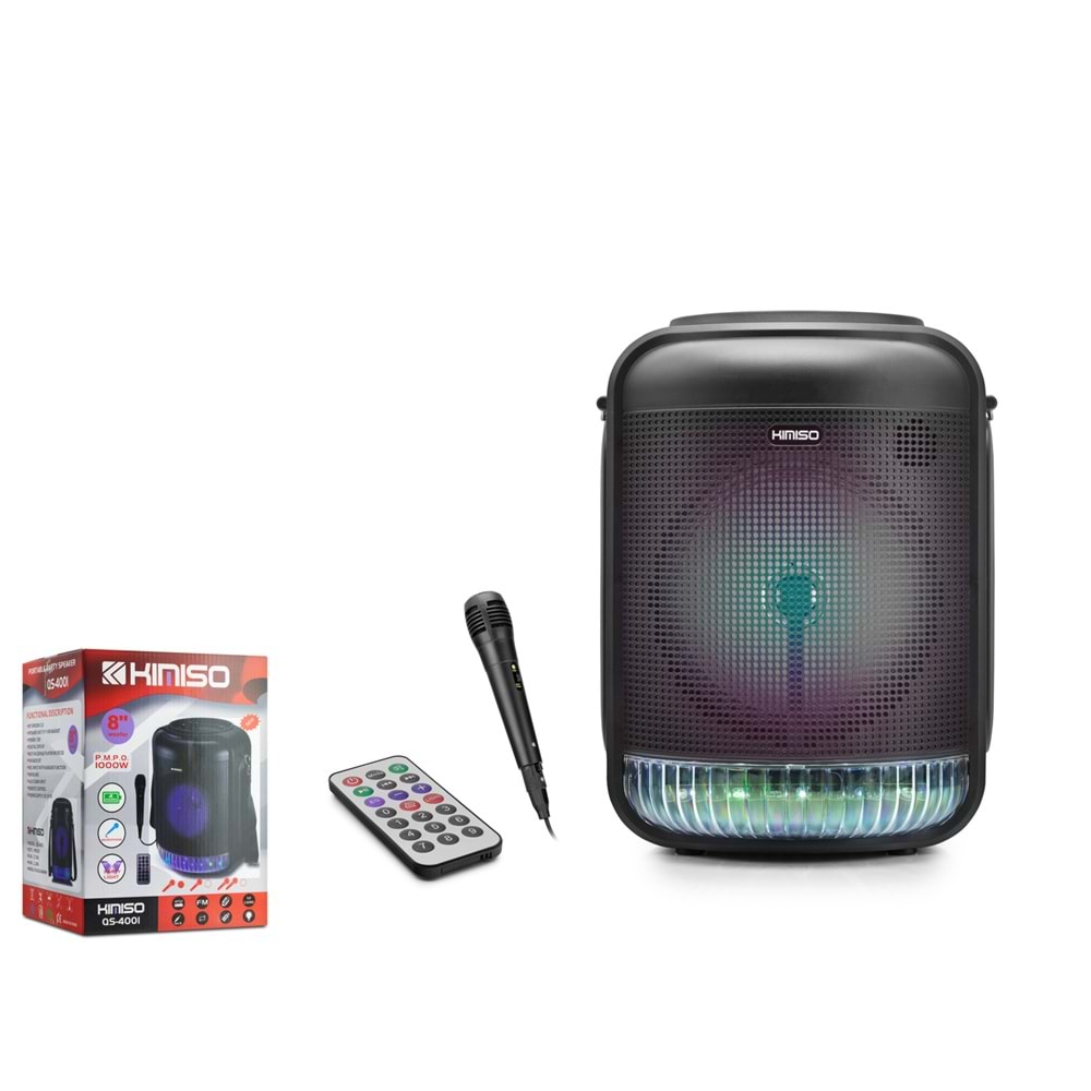 KIMISO QS4001 Karaoke Mikrofonlu Bluetooth Hoparlör FM Radyo 8 İnç RGB Kumandalı Siyah