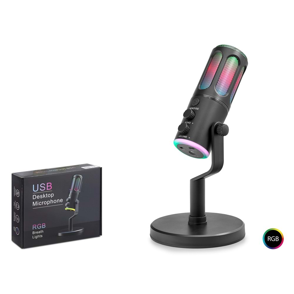 HADRON SU8 Gaming RGB Masaüstü Mikrofon DSP Gürültü Önleme Echo Type-C Siyah