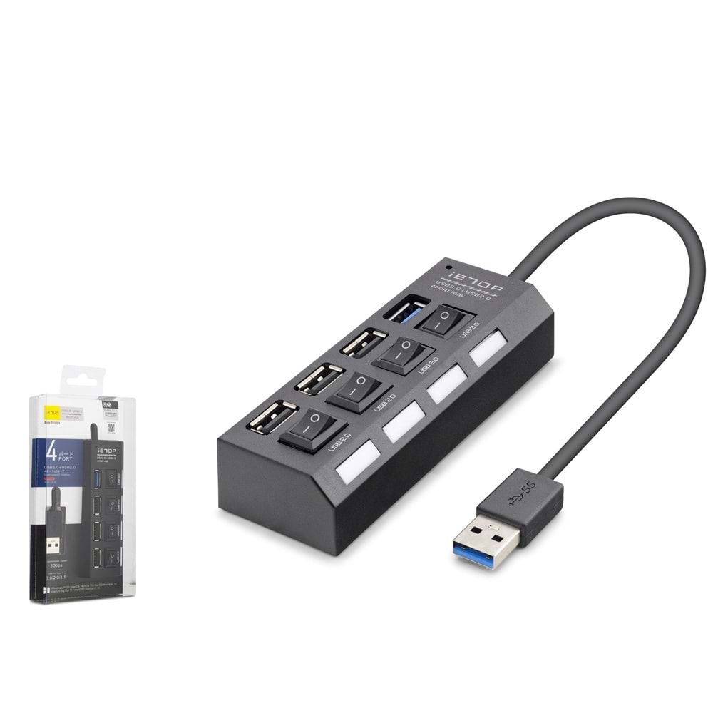 iETOP U3202 USB 3.0 Anahtarlı Hub 4 Port 5 Gbps Siyah