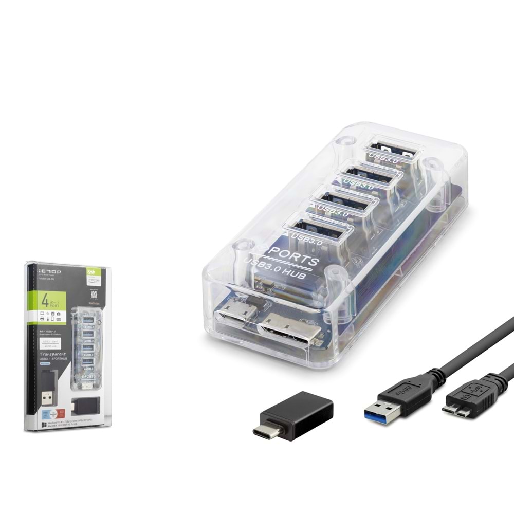 iETOP U336 USB Type-C 3.1 Gen1 Hub 4 Port 5 Gbps Şeffaf