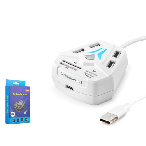 HADRON A068W USB Combo Hub Kart Okuyucu 8 Port 480 Mbps 60 cm Beyaz