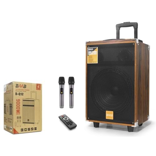 BAAB BQ12 Çift Karaoke Mikrofonlu Bluetooth Hoparlör FM Radyo 40W 12 İnç Kumandalı Ahşap