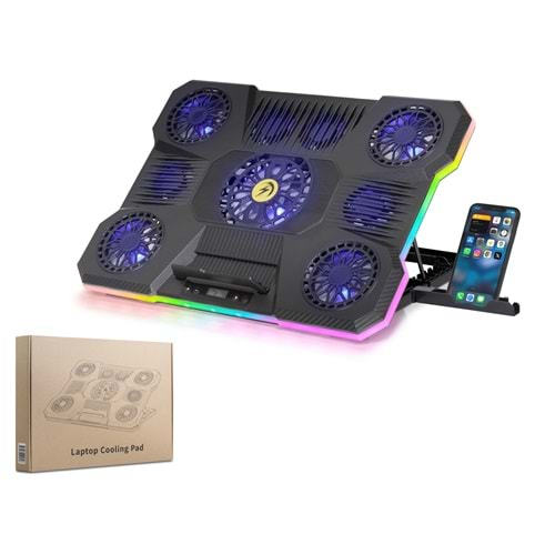 HADRON DCXA21 Laptop Soğutucu 9 Fanlı RGB Dijital Göstergeli Telefon Standlı 14-18 İnç Siyah