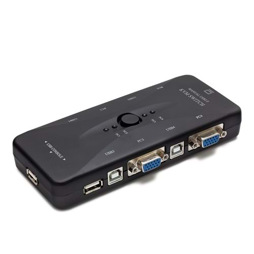 HADRON HD230 VGA USB KVM Switch 4 Bilgisayar 2 Console USB Butonlu Siyah